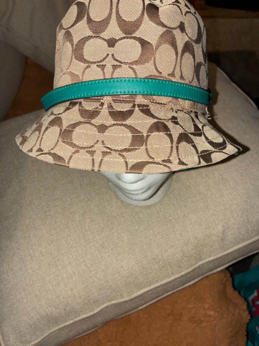 Coach Beige Signature Bucket Hat with Teal Trim